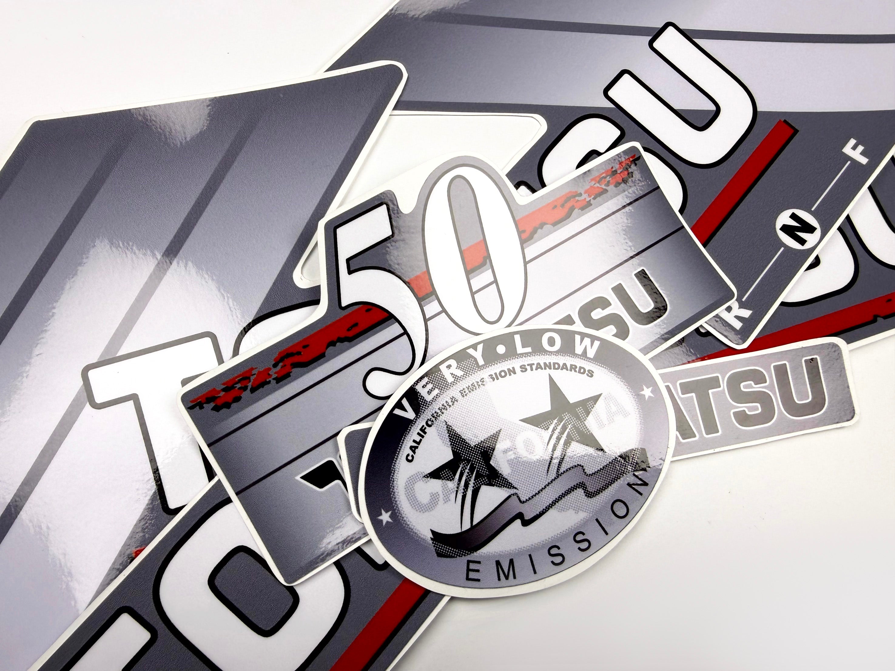 Vinyl graphic gray decals set suitable for Tohatsu 50 hp two stroke outboard engine. Vinyl stickers kit for Tohatsu 50 hp two stroke Handmade