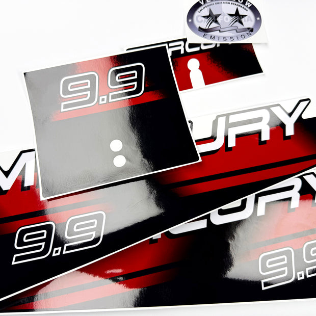 Vinyl graphic red decals set suitable for Mercury 9.9 hp two stroke outboard engine. Vinyl red stickers kit for Mercury 9.9 hp two stroke Handmade