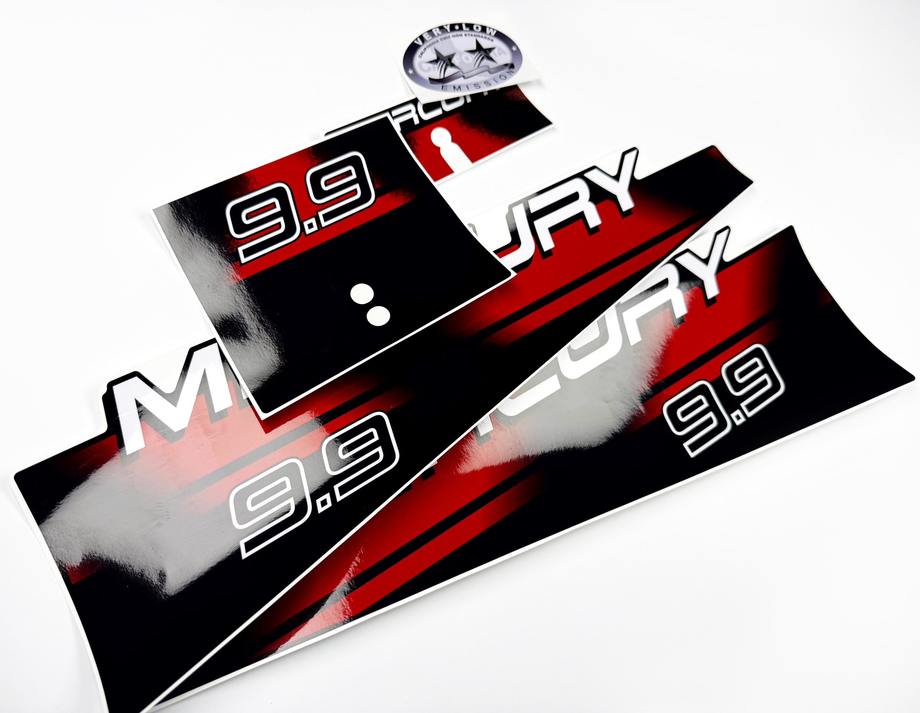 Vinyl graphic red decals set suitable for Mercury 9.9 hp two stroke outboard engine. Vinyl red stickers kit for Mercury 9.9 hp two stroke Handmade