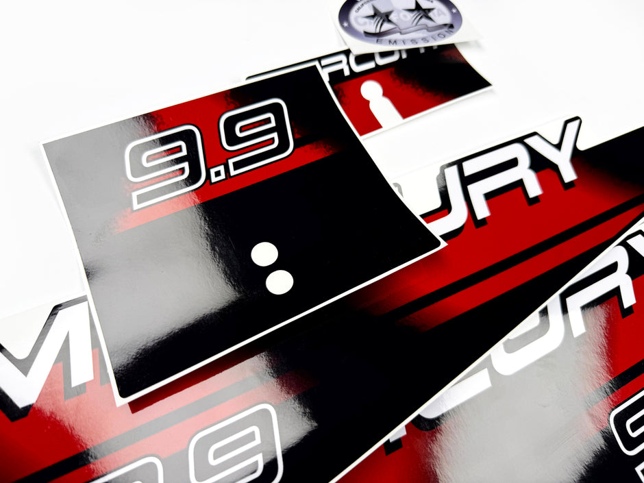 Vinyl graphic red decals set suitable for Mercury 9.9 hp two stroke outboard engine. Vinyl red stickers kit for Mercury 9.9 hp two stroke Handmade