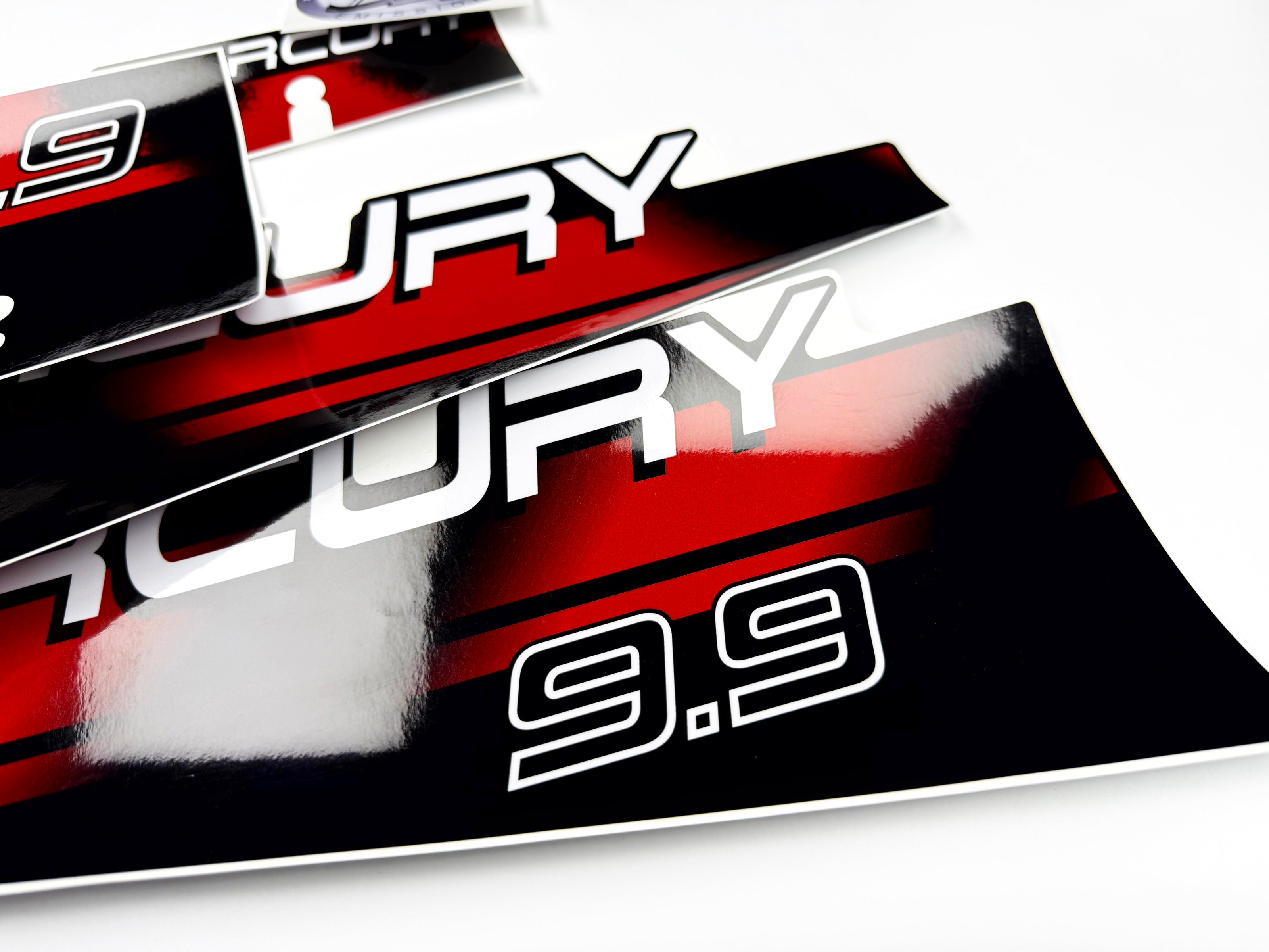 Vinyl graphic red decals set suitable for Mercury 9.9 hp two stroke outboard engine. Vinyl red stickers kit for Mercury 9.9 hp two stroke Handmade