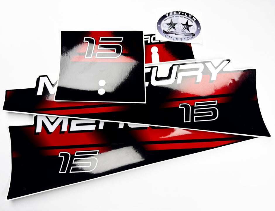 Vinyl graphic red decals set suitable for Mercury 15 hp two stroke outboard engine. Vinyl red stickers kit for Mercury 15 hp two stroke Handmade