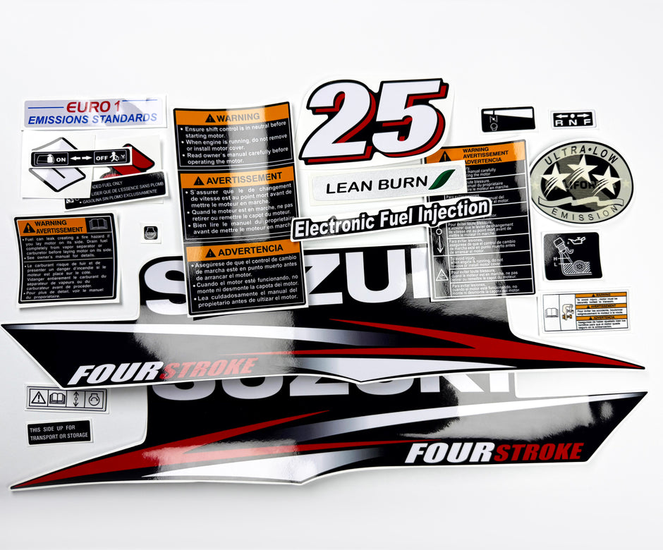Vinyl graphic decals set suitable for Suzuki 25 hp four stroke outboard engine. Vinyl stickers kit for Suzuki 25 hp four stroke Handmade