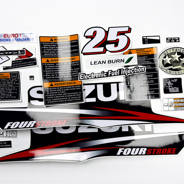 Vinyl graphic decals set suitable for Suzuki 25 hp four stroke outboard engine. Vinyl stickers kit for Suzuki 25 hp four stroke Handmade