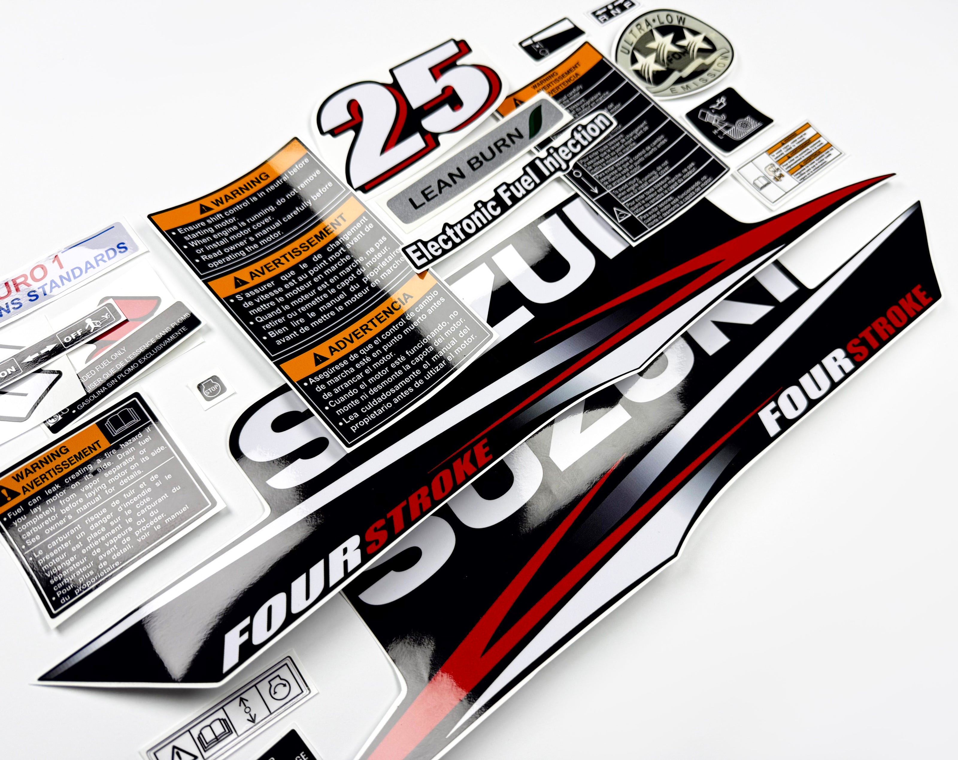 Vinyl graphic decals set suitable for Suzuki 25 hp four stroke outboard engine. Vinyl stickers kit for Suzuki 25 hp four stroke Handmade