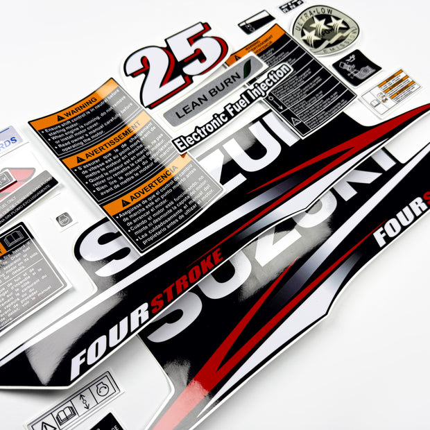 Vinyl graphic decals set suitable for Suzuki 25 hp four stroke outboard engine. Vinyl stickers kit for Suzuki 25 hp four stroke Handmade