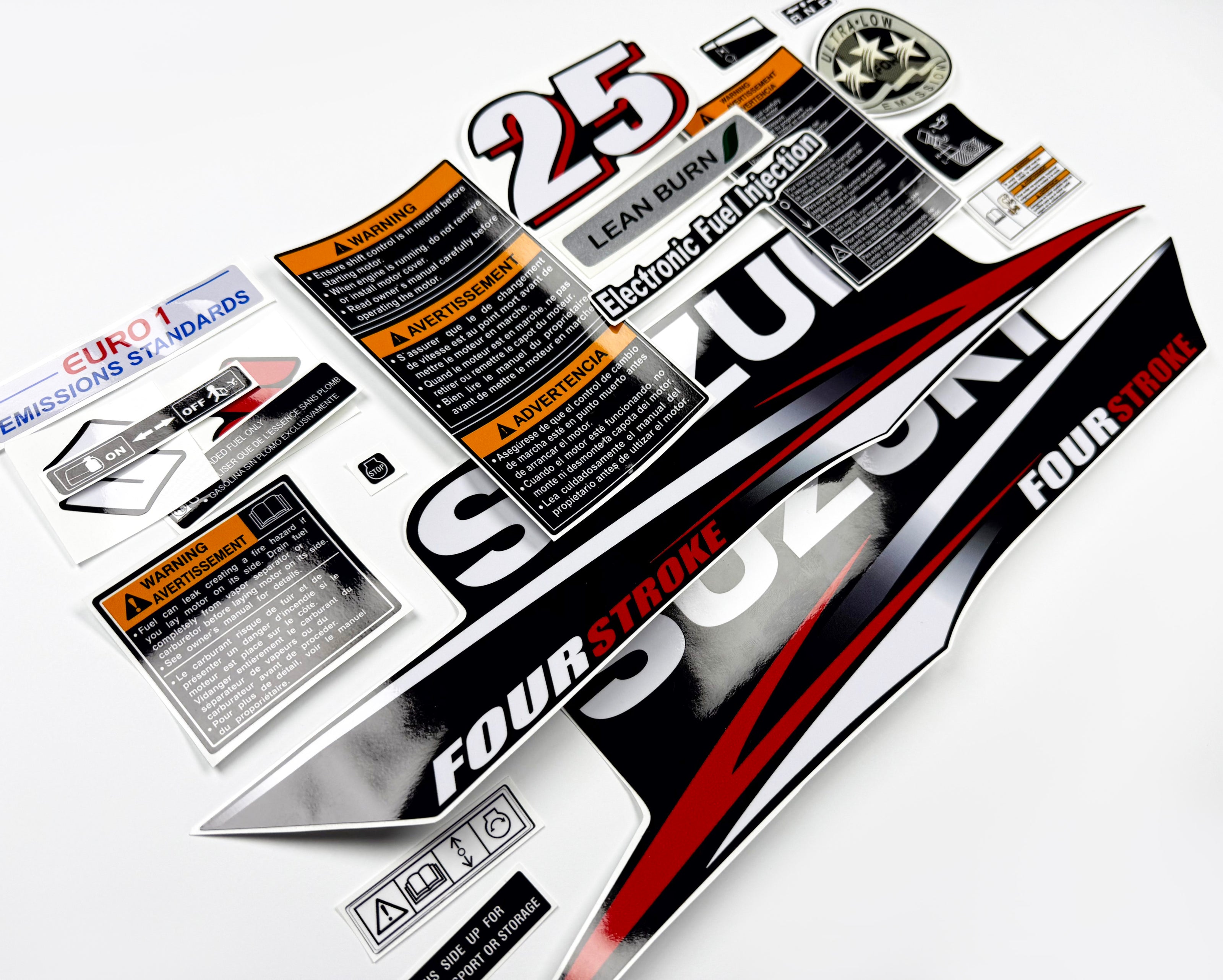 Vinyl graphic decals set suitable for Suzuki 25 hp four stroke outboard engine. Vinyl stickers kit for Suzuki 25 hp four stroke Handmade