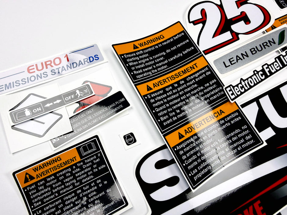 Vinyl graphic decals set suitable for Suzuki 25 hp four stroke outboard engine. Vinyl stickers kit for Suzuki 25 hp four stroke Handmade