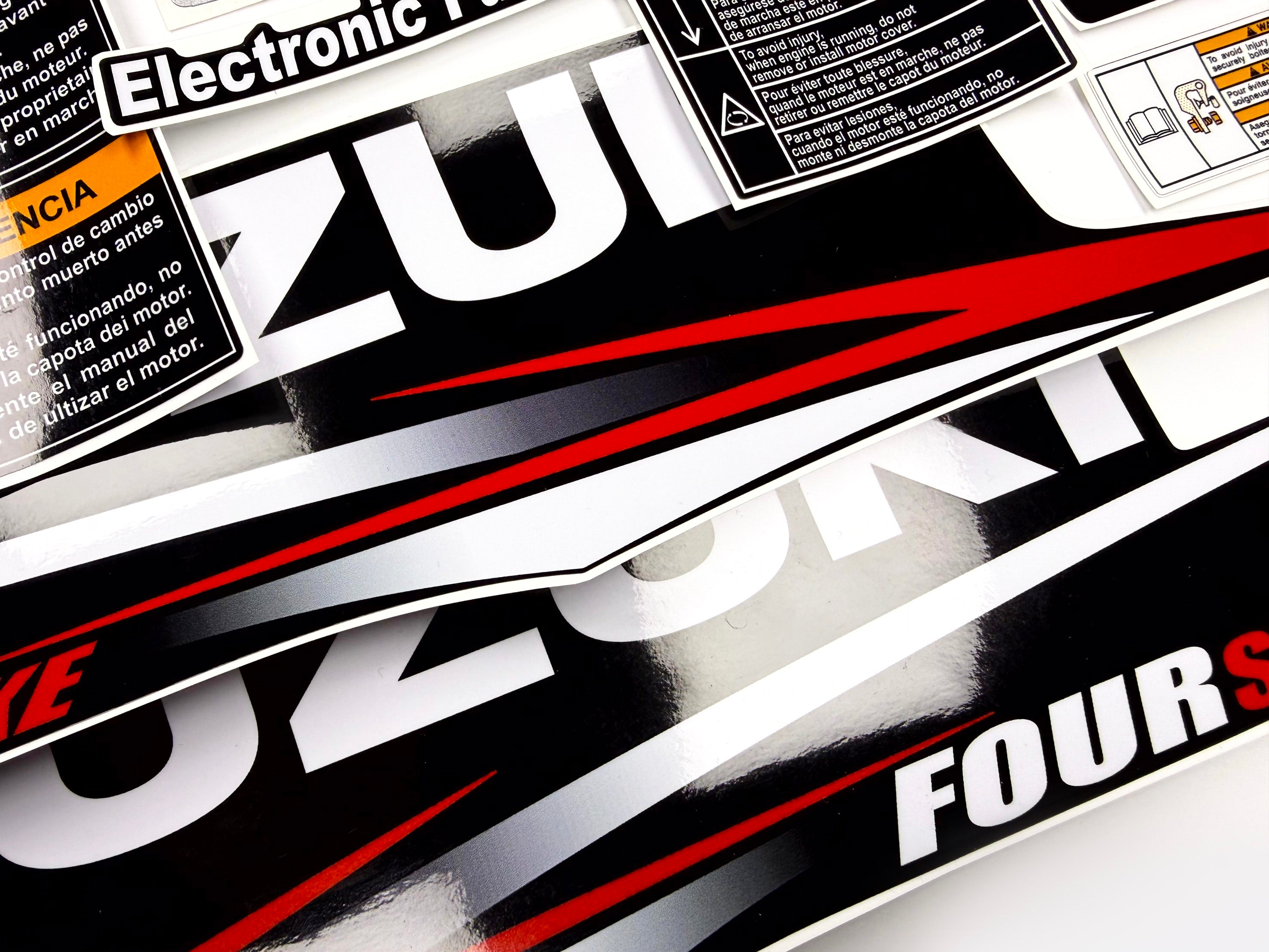 Vinyl graphic decals set suitable for Suzuki 25 hp four stroke outboard engine. Vinyl stickers kit for Suzuki 25 hp four stroke Handmade