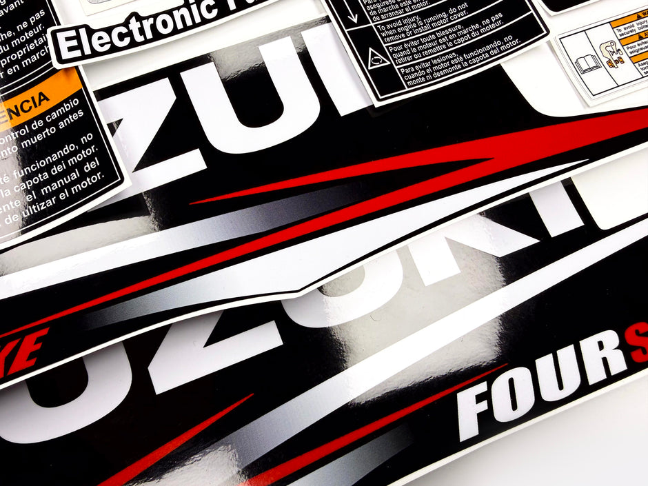 Vinyl graphic decals set suitable for Suzuki 25 hp four stroke outboard engine. Vinyl stickers kit for Suzuki 25 hp four stroke Handmade