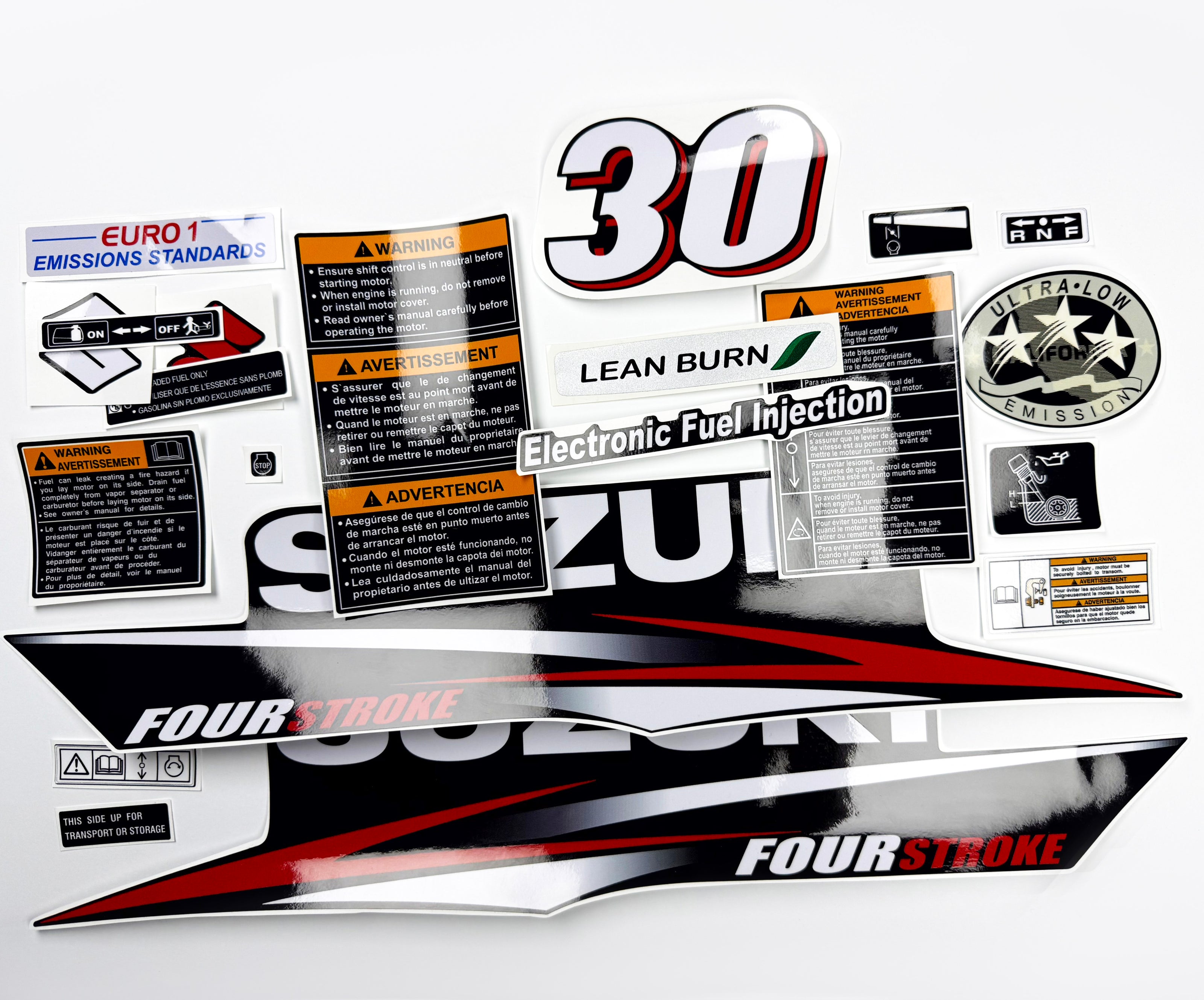 Vinyl graphic decals set suitable for Suzuki 30 hp four stroke outboard engine. Vinyl stickers kit for Suzuki 30 hp four stroke Handmade