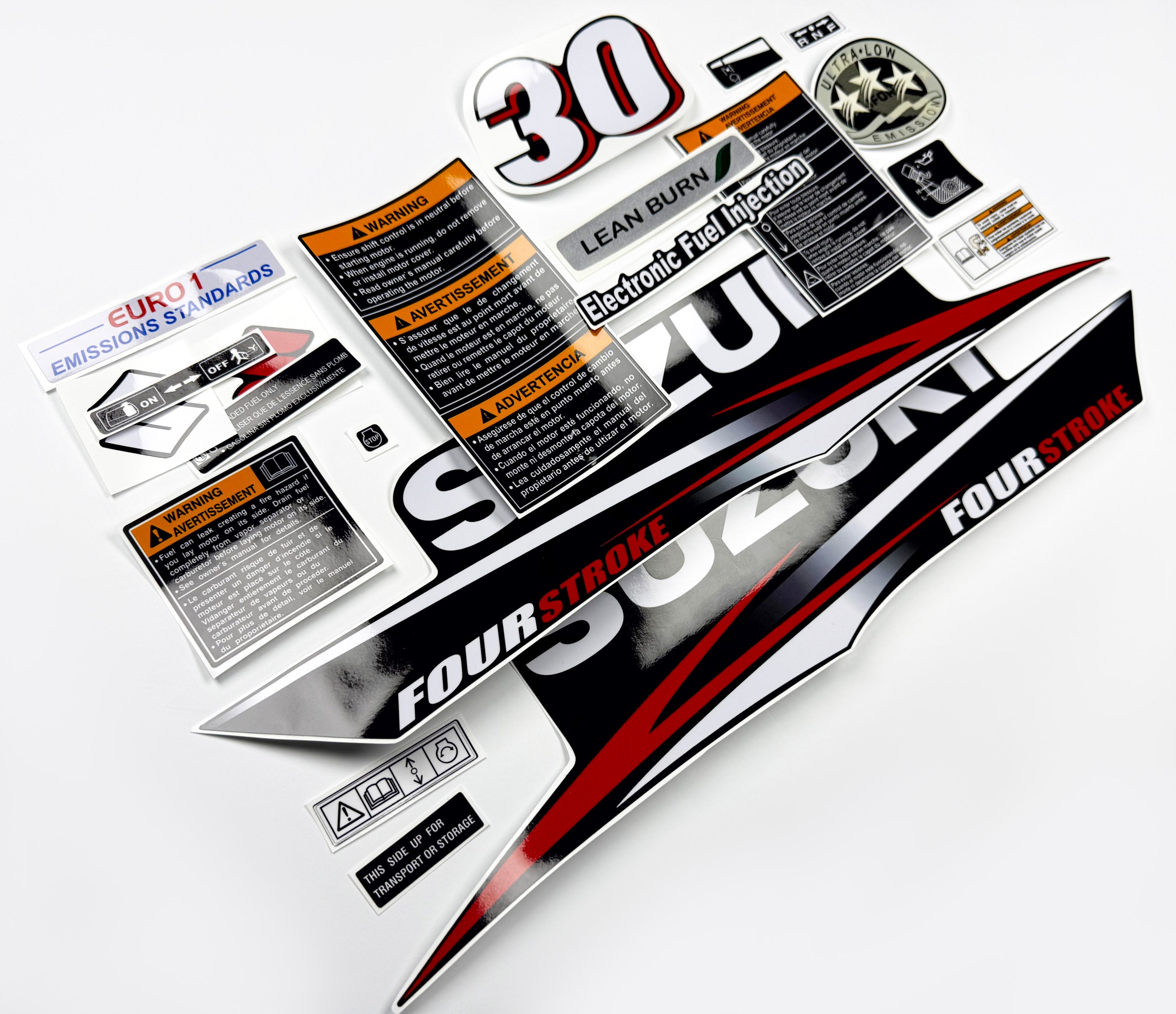 Vinyl graphic decals set suitable for Suzuki 30 hp four stroke outboard engine. Vinyl stickers kit for Suzuki 30 hp four stroke Handmade