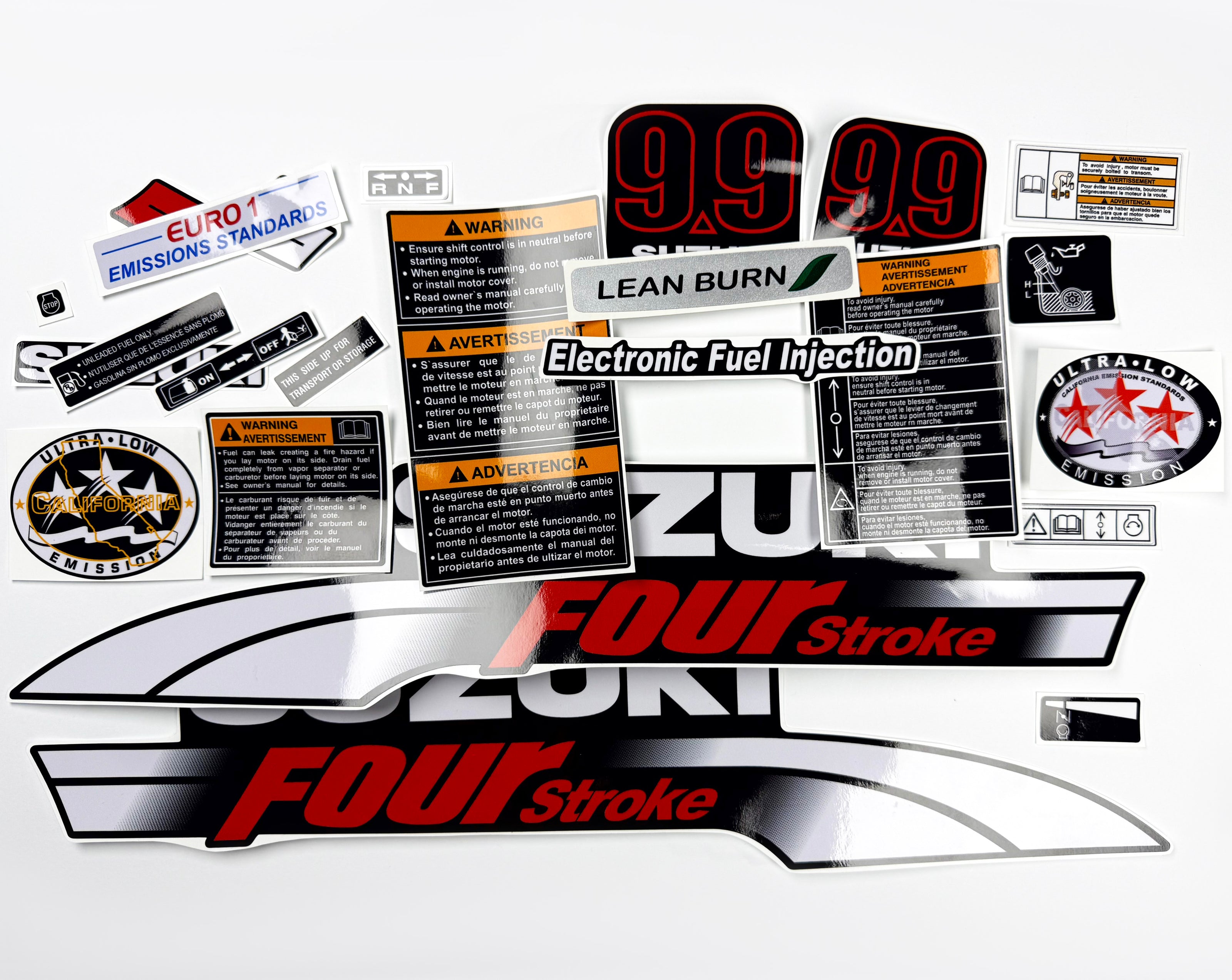 Vinyl graphic decals set suitable for Suzuki 9.9 hp four stroke outboard engine. Vinyl stickers kit for Suzuki 9.9 hp four stroke Handmade