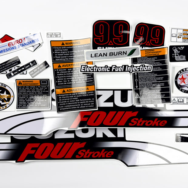 Vinyl graphic decals set suitable for Suzuki 9.9 hp four stroke outboard engine. Vinyl stickers kit for Suzuki 9.9 hp four stroke Handmade