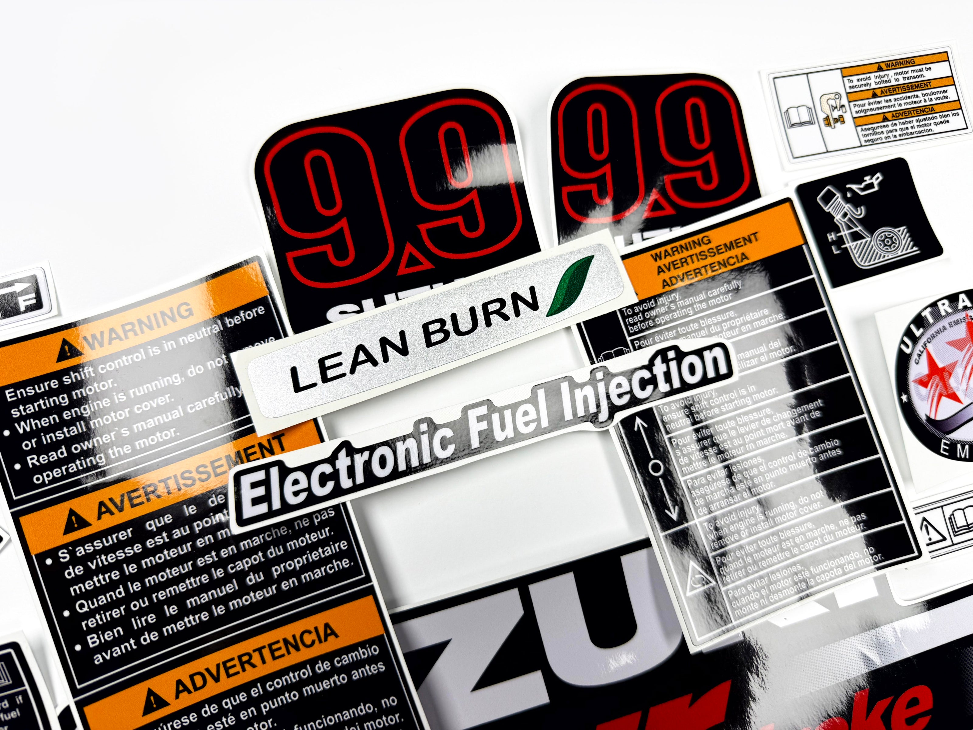 Vinyl graphic decals set suitable for Suzuki 9.9 hp four stroke outboard engine. Vinyl stickers kit for Suzuki 9.9 hp four stroke Handmade