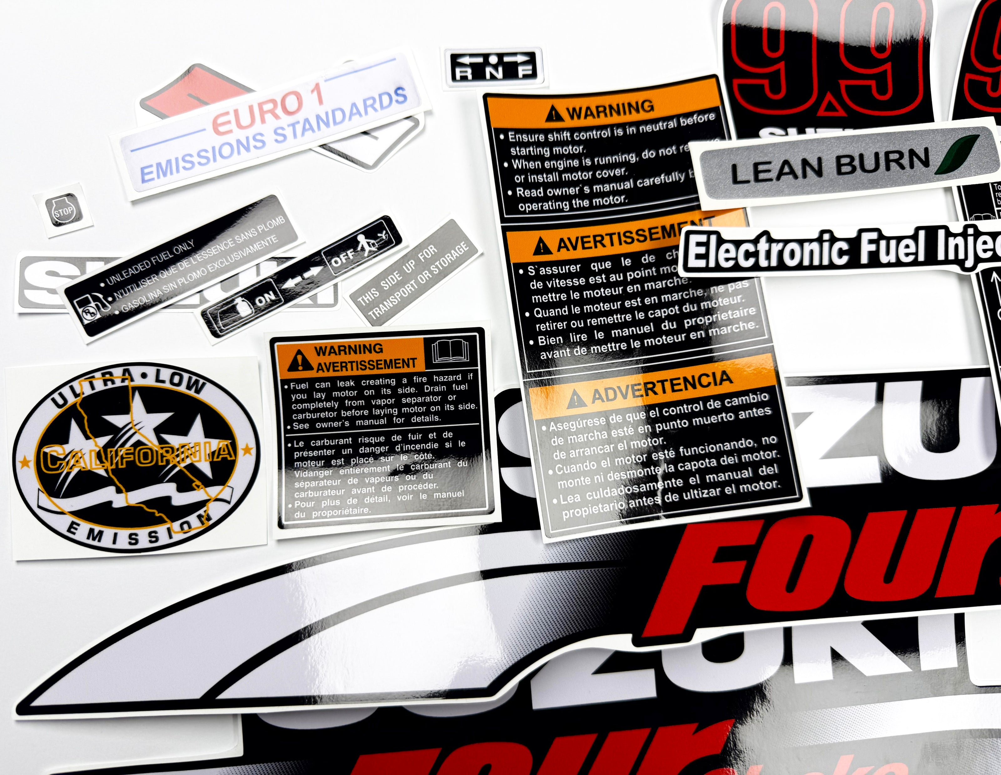 Vinyl graphic decals set suitable for Suzuki 9.9 hp four stroke outboard engine. Vinyl stickers kit for Suzuki 9.9 hp four stroke Handmade
