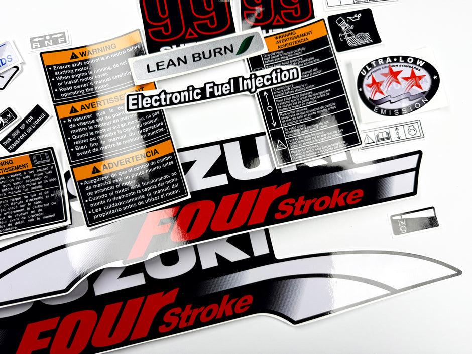 Vinyl graphic decals set suitable for Suzuki 9.9 hp four stroke outboard engine. Vinyl stickers kit for Suzuki 9.9 hp four stroke Handmade