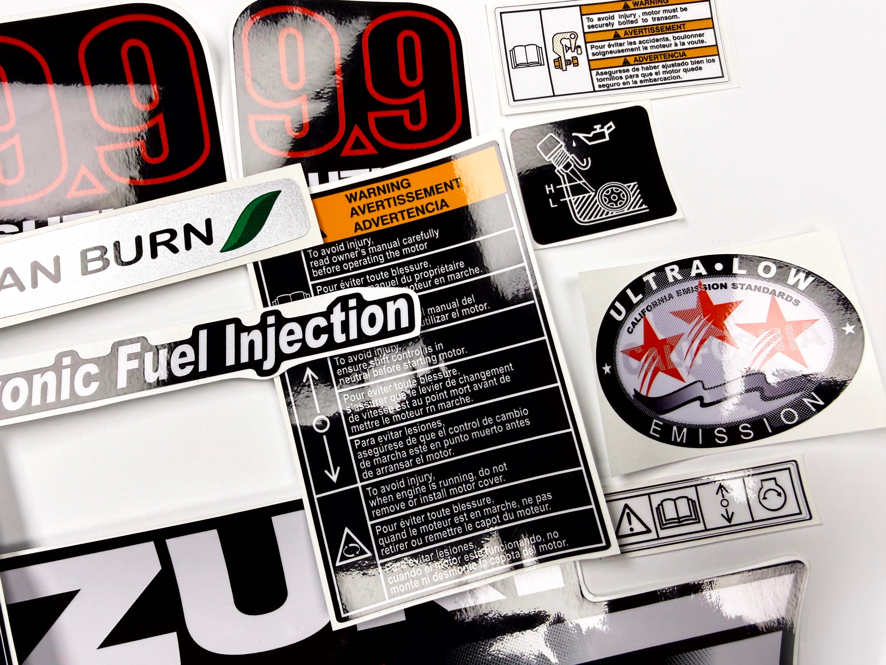Vinyl graphic decals set suitable for Suzuki 9.9 hp four stroke outboard engine. Vinyl stickers kit for Suzuki 9.9 hp four stroke Handmade