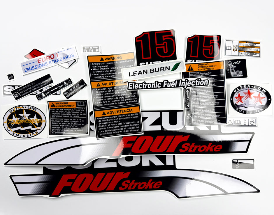 Vinyl graphic decals set suitable for Suzuki 15 hp four stroke outboard engine. Vinyl stickers kit for Suzuki 15 hp four stroke Handmade