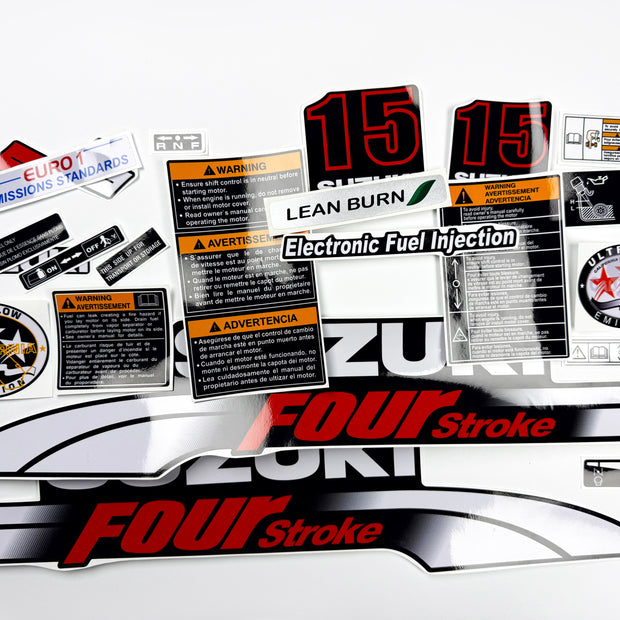 Vinyl graphic decals set suitable for Suzuki 15 hp four stroke outboard engine. Vinyl stickers kit for Suzuki 15 hp four stroke Handmade