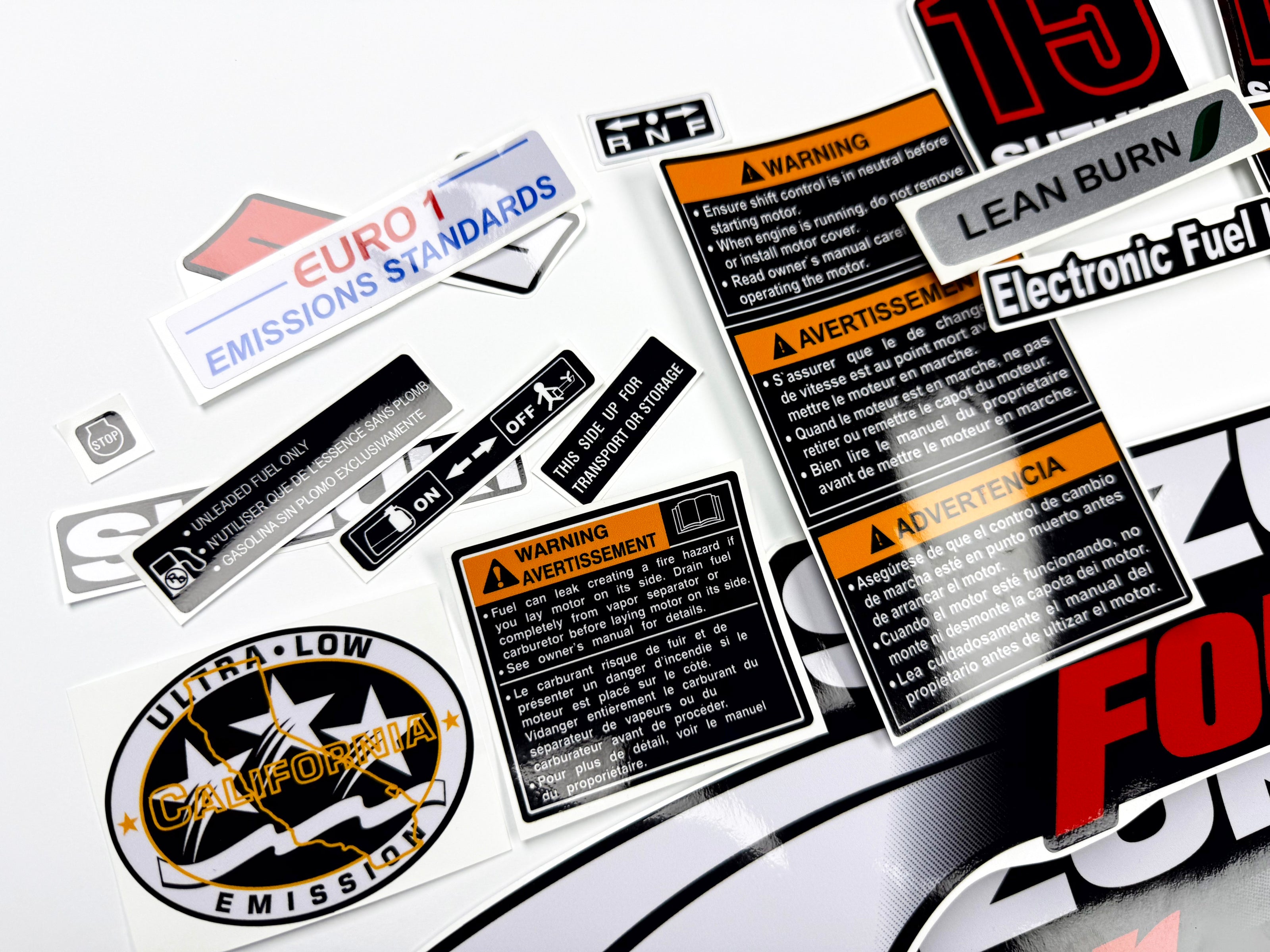 Vinyl graphic decals set suitable for Suzuki 15 hp four stroke outboard engine. Vinyl stickers kit for Suzuki 15 hp four stroke Handmade