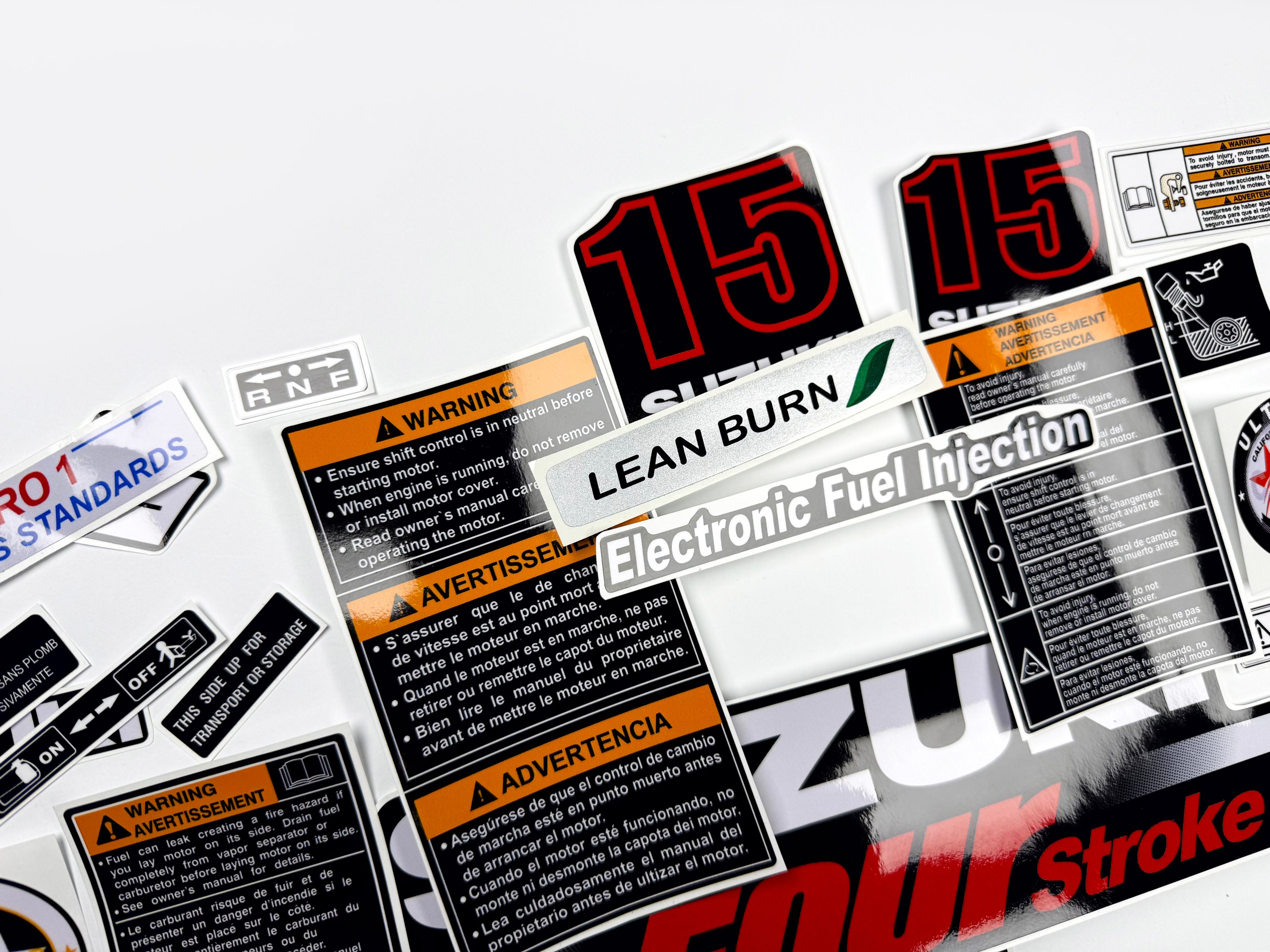Vinyl graphic decals set suitable for Suzuki 15 hp four stroke outboard engine. Vinyl stickers kit for Suzuki 15 hp four stroke Handmade