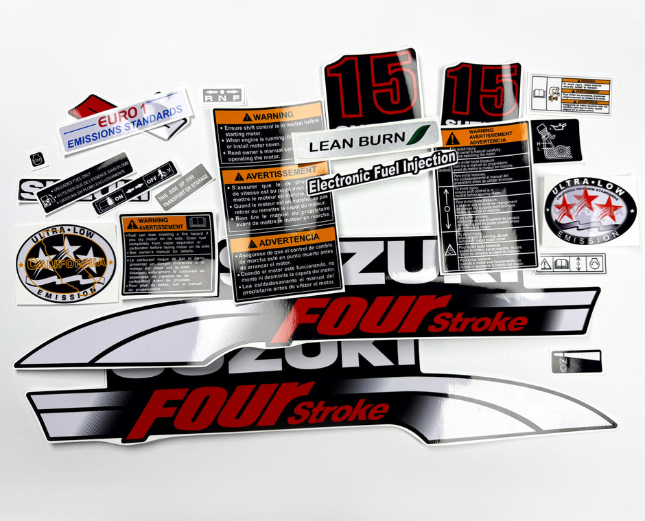 Vinyl graphic decals set suitable for Suzuki 15 hp four stroke outboard engine. Vinyl stickers kit for Suzuki 15 hp four stroke Handmade