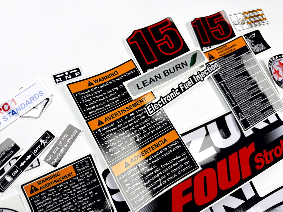 Vinyl graphic decals set suitable for Suzuki 15 hp four stroke outboard engine. Vinyl stickers kit for Suzuki 15 hp four stroke Handmade