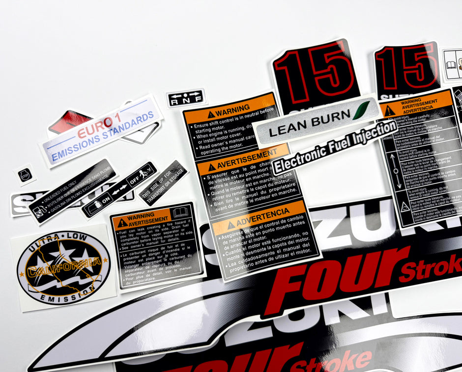 Vinyl graphic decals set suitable for Suzuki 15 hp four stroke outboard engine. Vinyl stickers kit for Suzuki 15 hp four stroke Handmade