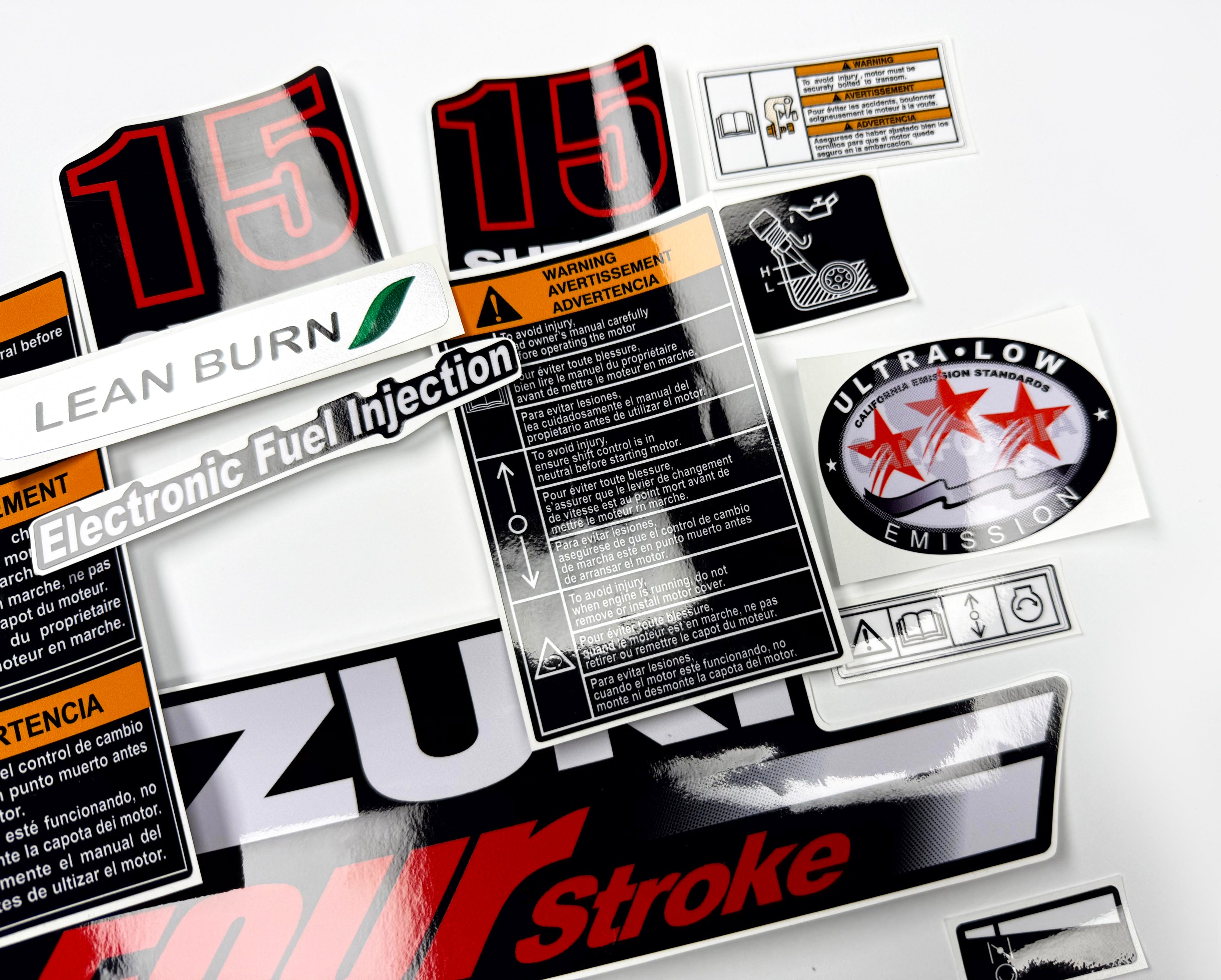 Vinyl graphic decals set suitable for Suzuki 15 hp four stroke outboard engine. Vinyl stickers kit for Suzuki 15 hp four stroke Handmade