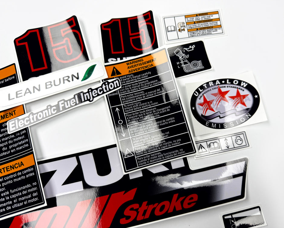 Vinyl graphic decals set suitable for Suzuki 15 hp four stroke outboard engine. Vinyl stickers kit for Suzuki 15 hp four stroke Handmade