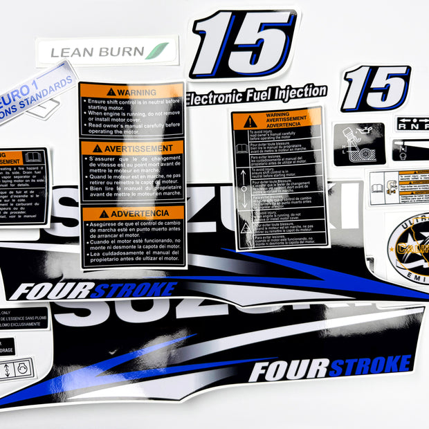 Vinyl graphic decals set blue color suitable for Suzuki 15 hp four stroke outboard engine. Vinyl stickers kit for Suzuki 15 hp four stroke Handmade