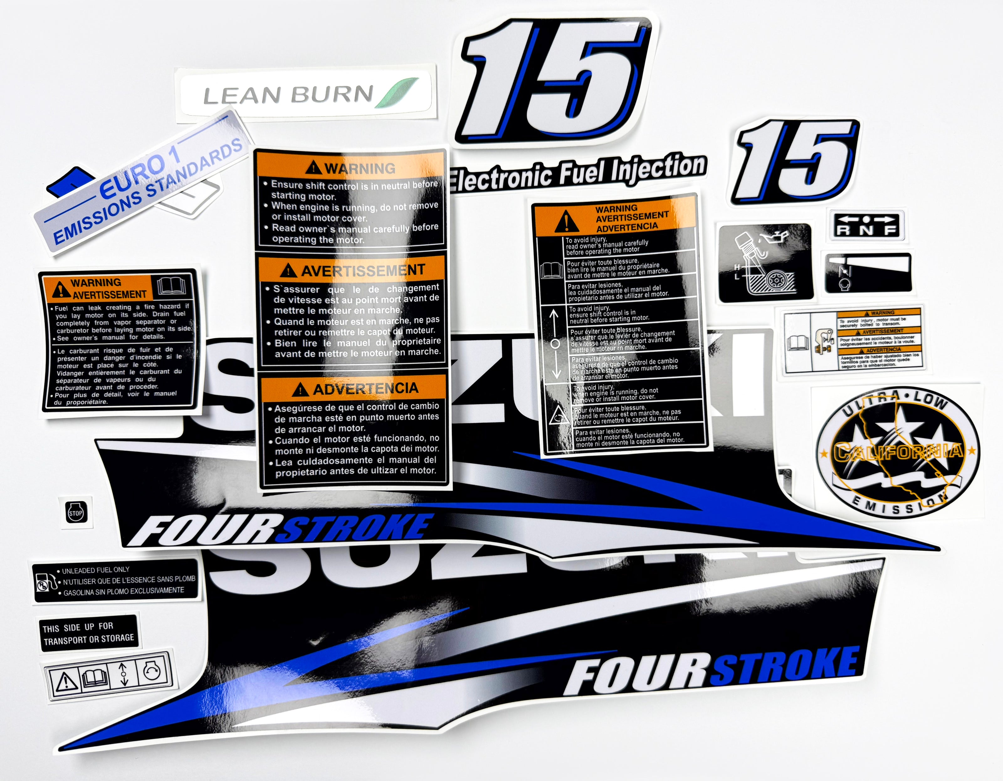 Vinyl graphic blue decals set suitable for Suzuki 15 hp four stroke outboard engine. Blue vinyl stickers kit for suzuki 15 hp four stroke Handmade