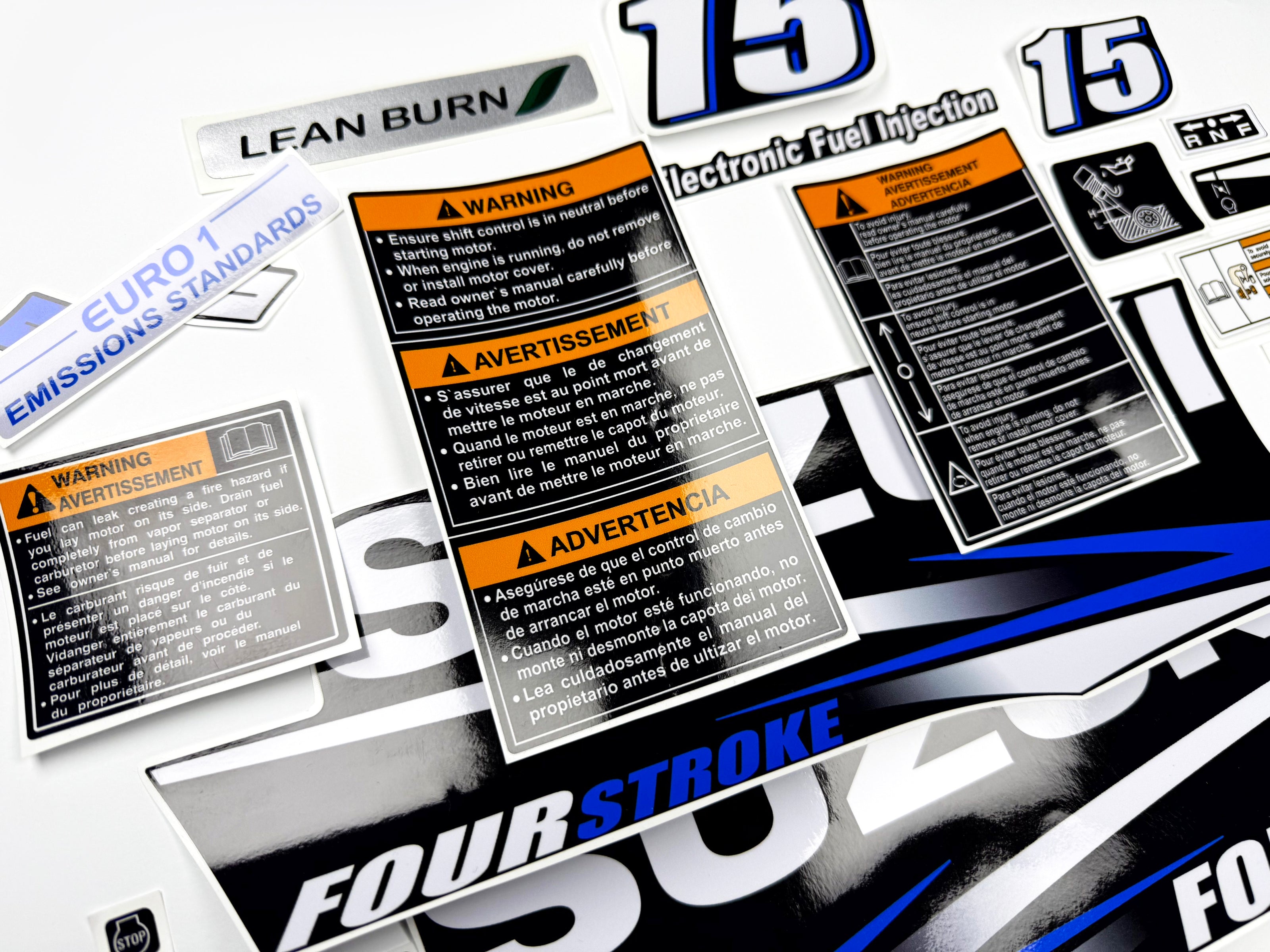 Vinyl graphic blue decals set suitable for Suzuki 15 hp four stroke outboard engine. Blue vinyl stickers kit for suzuki 15 hp four stroke Handmade
