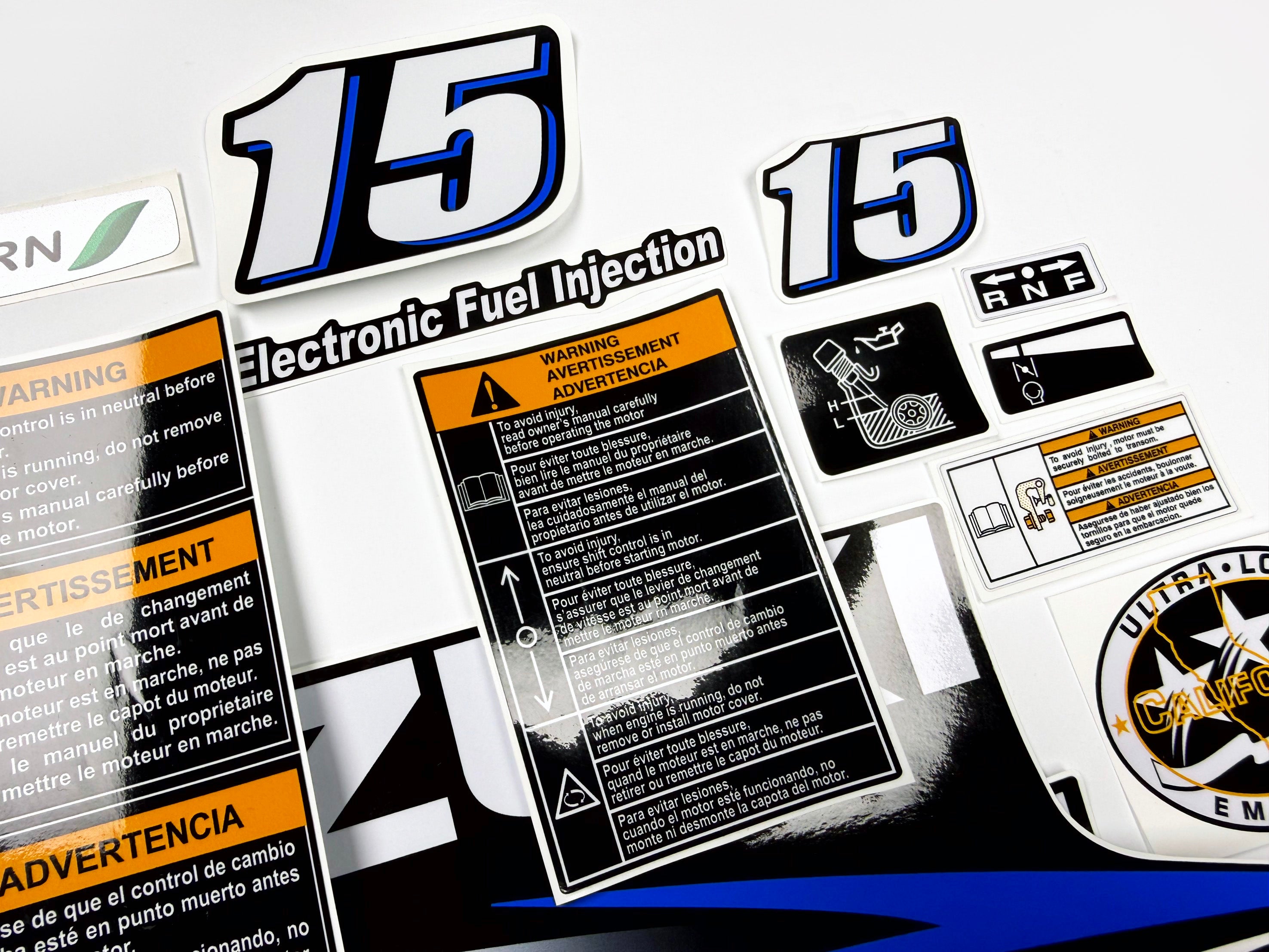Vinyl graphic decals set blue color suitable for Suzuki 15 hp four stroke outboard engine. Vinyl stickers kit for Suzuki 15 hp four stroke Handmade