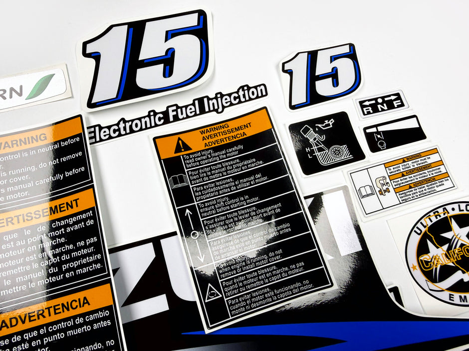 Vinyl graphic blue decals set suitable for Suzuki 15 hp four stroke outboard engine. Blue vinyl stickers kit for suzuki 15 hp four stroke Handmade