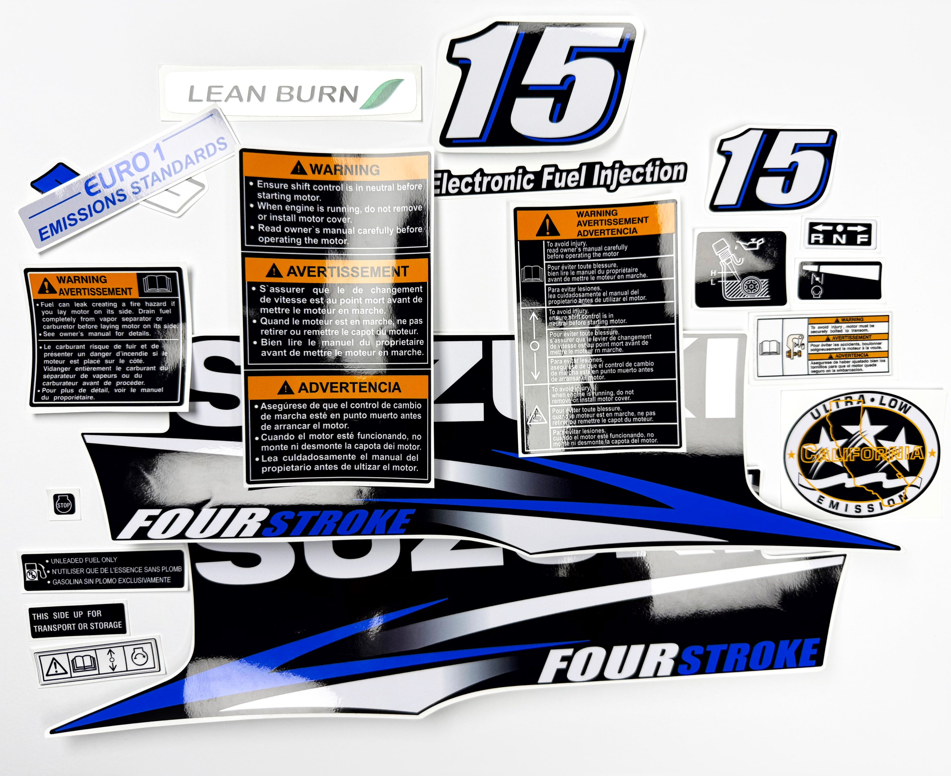 Vinyl graphic decals set blue color suitable for Suzuki 15 hp four stroke outboard engine. Vinyl stickers kit for Suzuki 15 hp four stroke Handmade