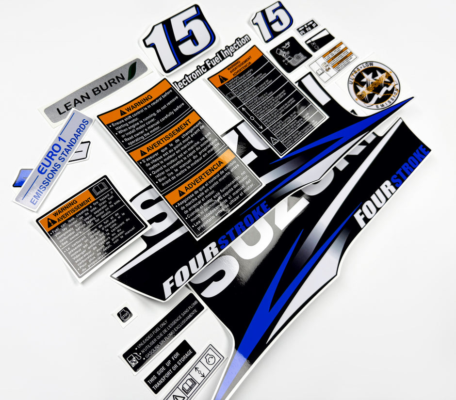 Vinyl graphic decals set blue color suitable for Suzuki 15 hp four stroke outboard engine. Vinyl stickers kit for Suzuki 15 hp four stroke Handmade