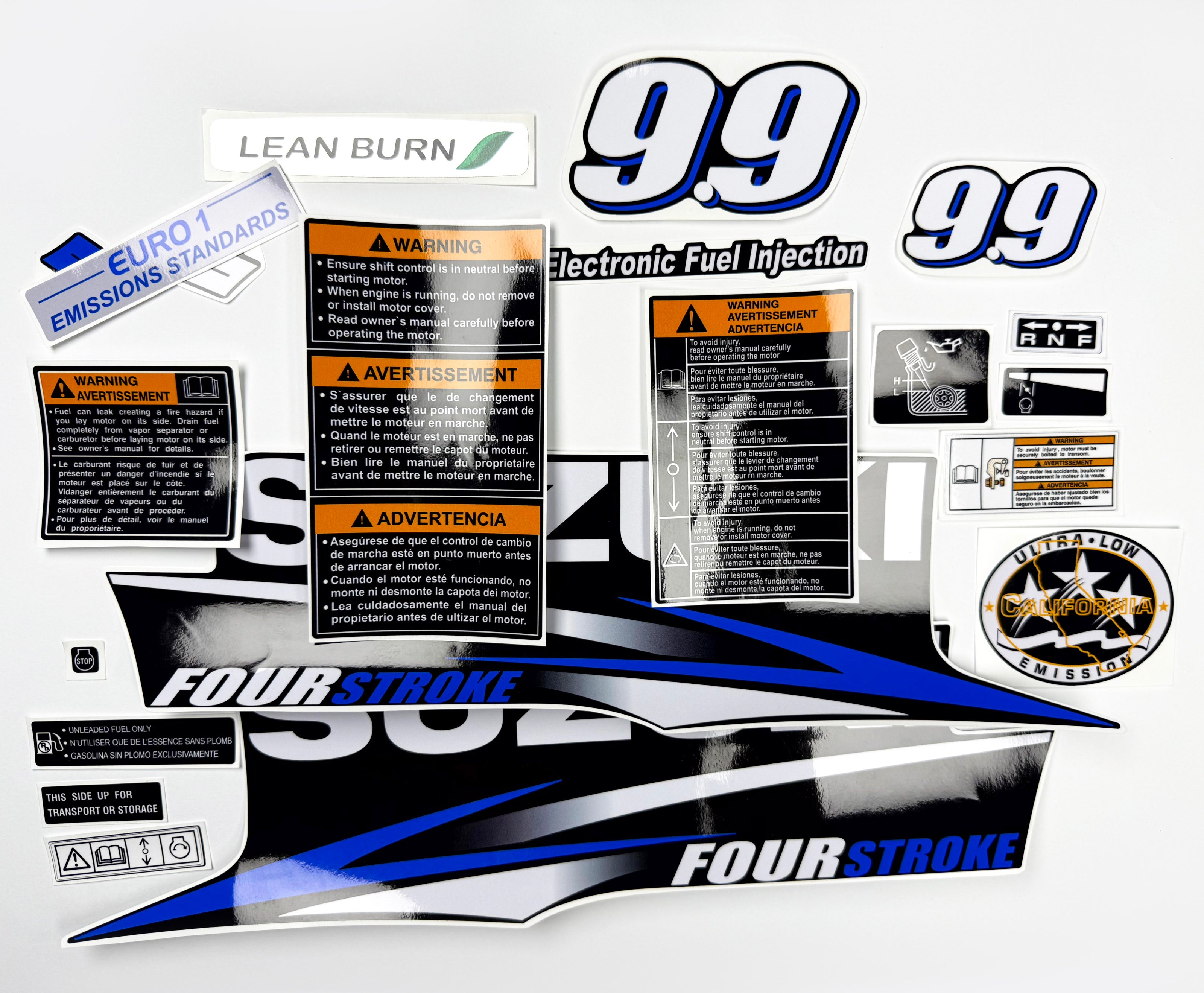 Vinyl graphic blue decals set suitable for Suzuki 9.9 hp four stroke outboard engine. Blue vinyl stickers kit for suzuki 9.9 hp four stroke Handmade