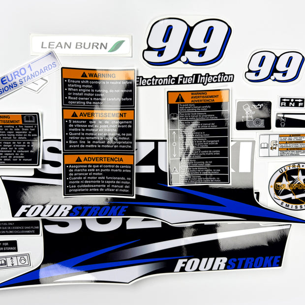 Vinyl graphic blue decals set suitable for Suzuki 9.9 hp four stroke outboard engine. Vinyl stickers kit for Suzuki 9.9 hp four stroke Handmade