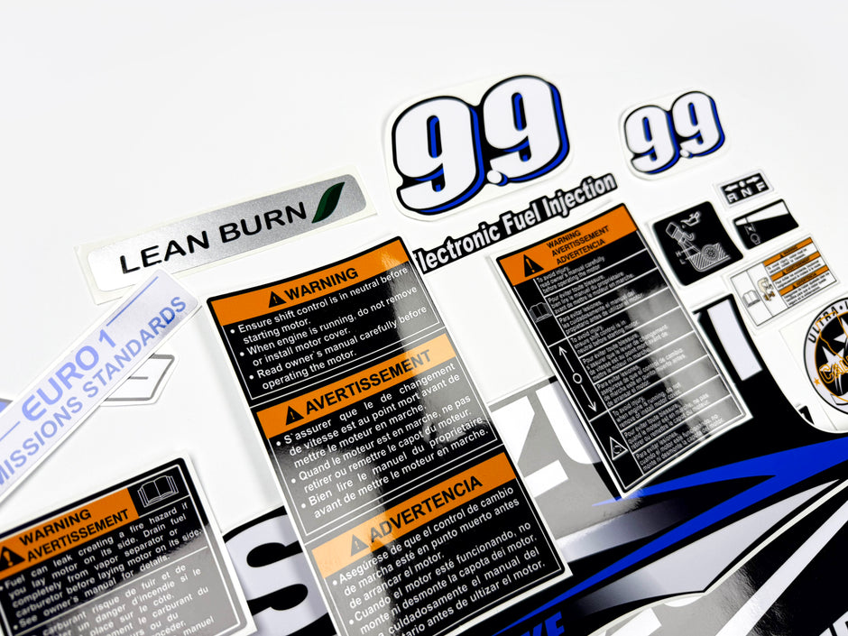 Vinyl graphic blue decals set suitable for Suzuki 9.9 hp four stroke outboard engine. Blue vinyl stickers kit for suzuki 9.9 hp four stroke Handmade