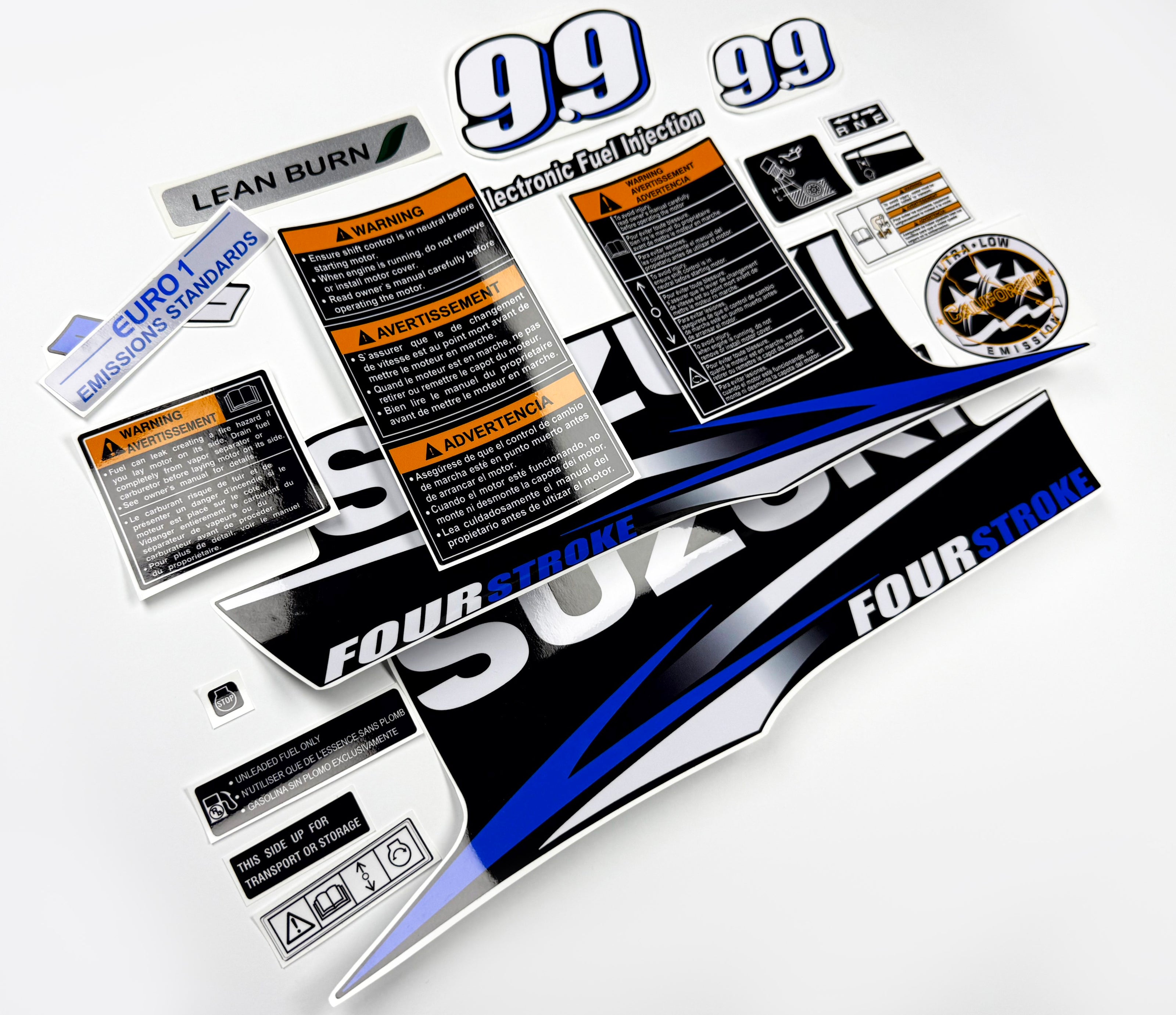 Vinyl graphic blue decals set suitable for Suzuki 9.9 hp four stroke outboard engine. Vinyl stickers kit for Suzuki 9.9 hp four stroke Handmade