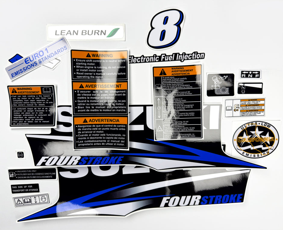 Vinyl graphic blue decals set suitable for Suzuki 8 hp four stroke outboard engine. Vinyl stickers kit for Suzuki 8 hp four stroke Handmade