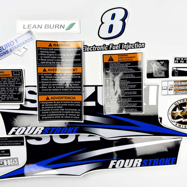 Vinyl graphic blue decals set suitable for Suzuki 8 hp four stroke outboard engine. Blue vinyl stickers kit for suzuki 8 hp four stroke Handmade