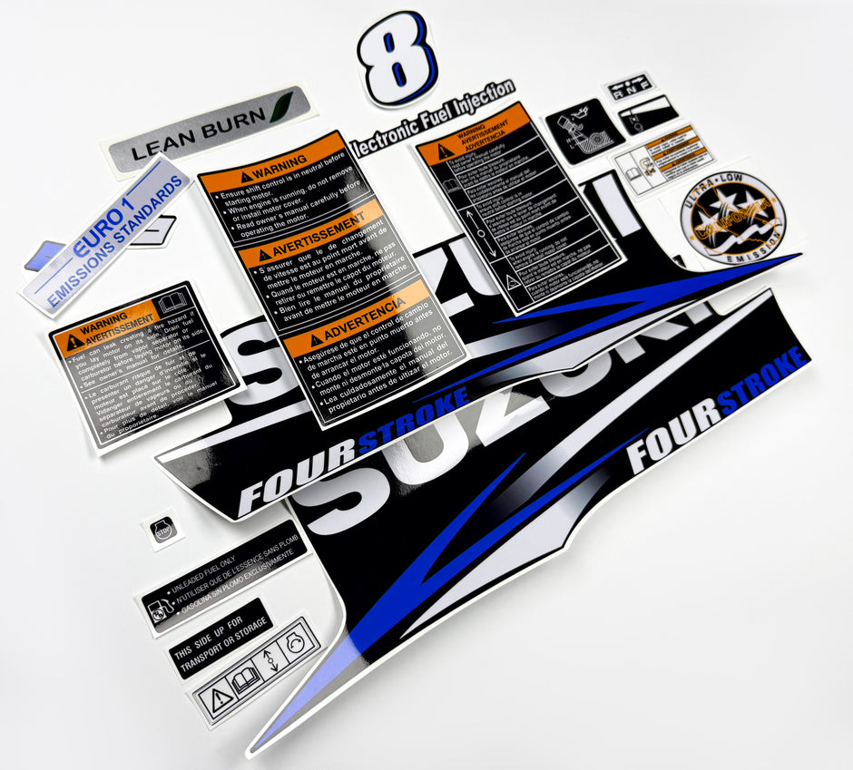 Vinyl graphic blue decals set suitable for Suzuki 8 hp four stroke outboard engine. Vinyl stickers kit for Suzuki 8 hp four stroke Handmade