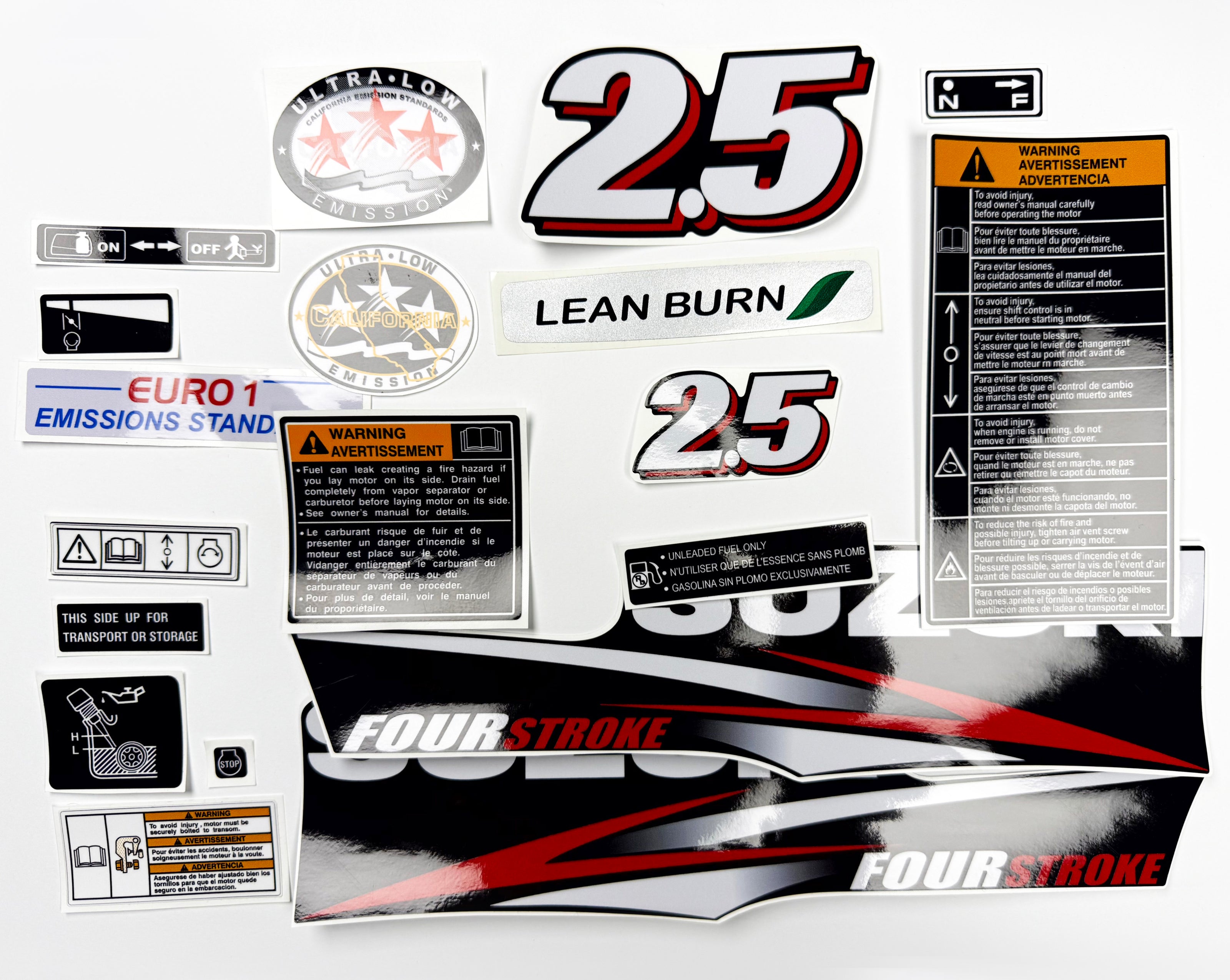 Vinyl graphic decals set suitable for Suzuki 2.5 hp four stroke outboard engine. Vinyl stickers kit for Suzuki 2.5 hp four stroke Handmade