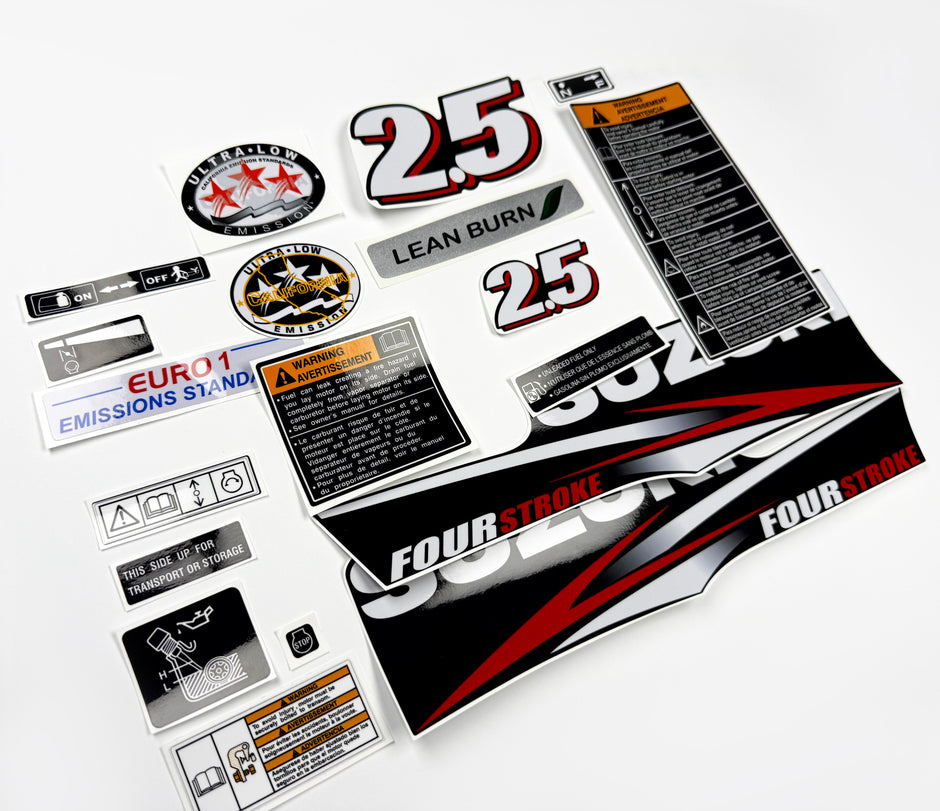 Vinyl graphic decals set suitable for Suzuki 2.5 hp four stroke outboard engine. Vinyl stickers kit for Suzuki 2.5 hp four stroke Handmade
