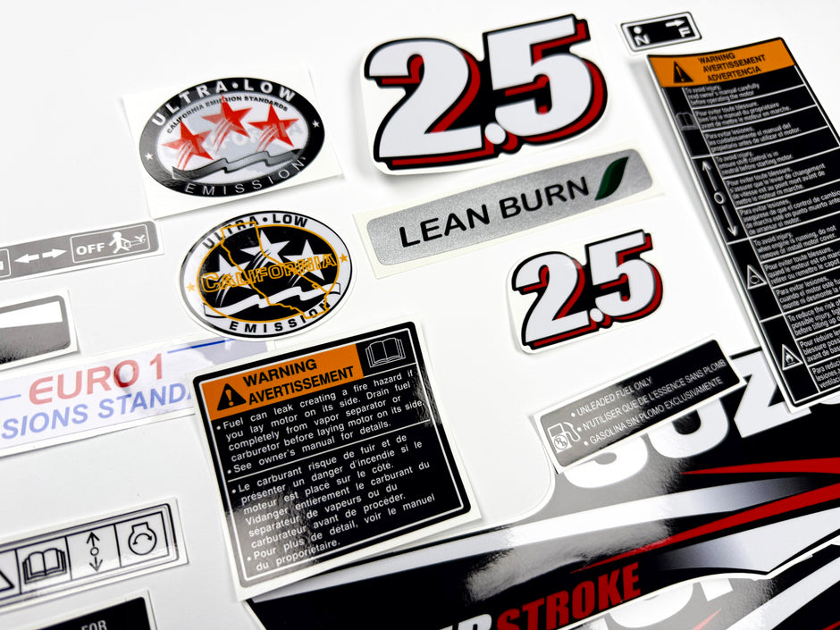 Vinyl graphic decals set suitable for Suzuki 2.5 hp four stroke outboard engine. Vinyl stickers kit for Suzuki 2.5 hp four stroke Handmade