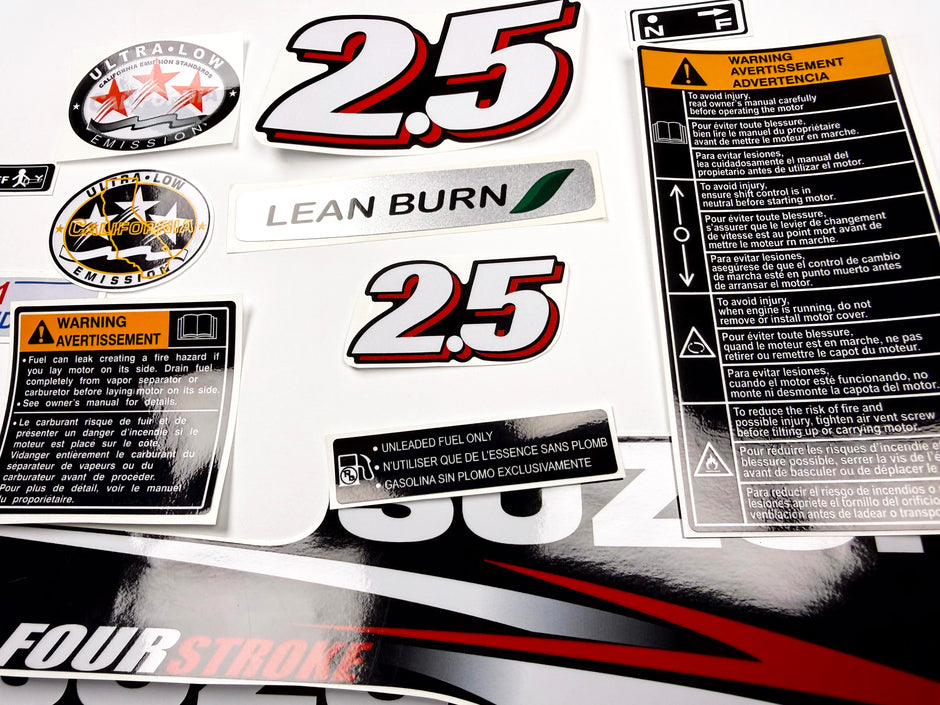 Vinyl graphic decals set suitable for Suzuki 2.5 hp four stroke outboard engine. Vinyl stickers kit for Suzuki 2.5 hp four stroke Handmade