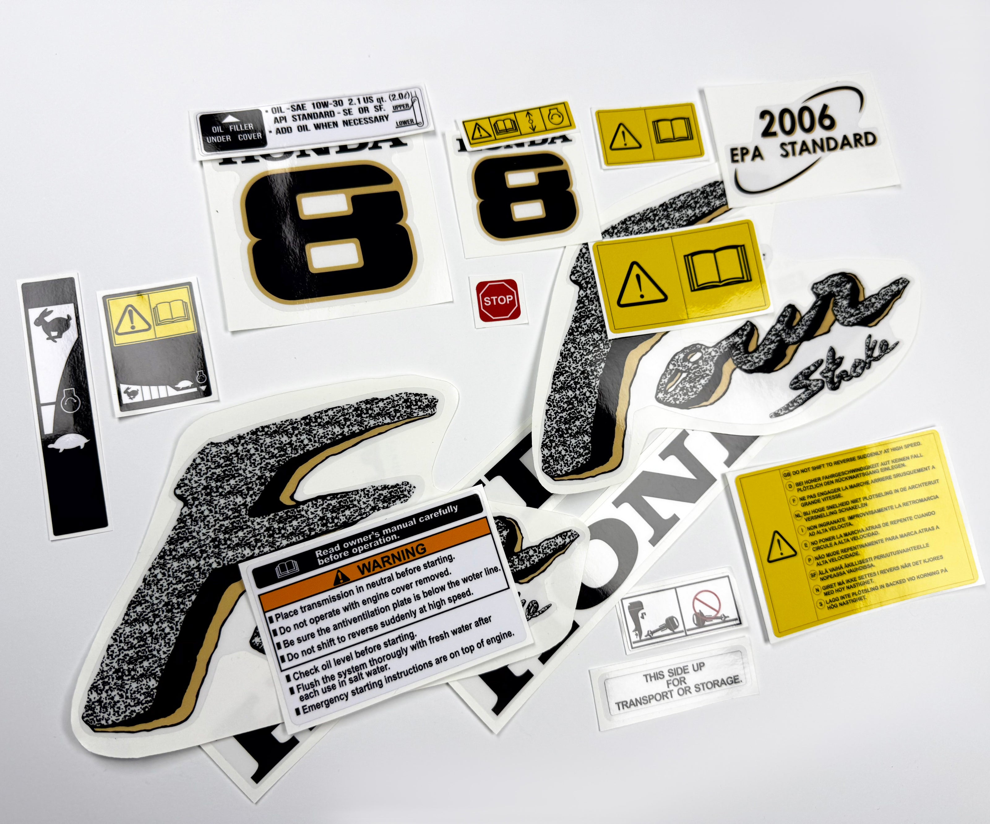 Vinyl graphic decals set suitable for Honda 8 hp four stroke outboard engine. Vinyl stickers kit for Honda 8 hp four stroke Handmade